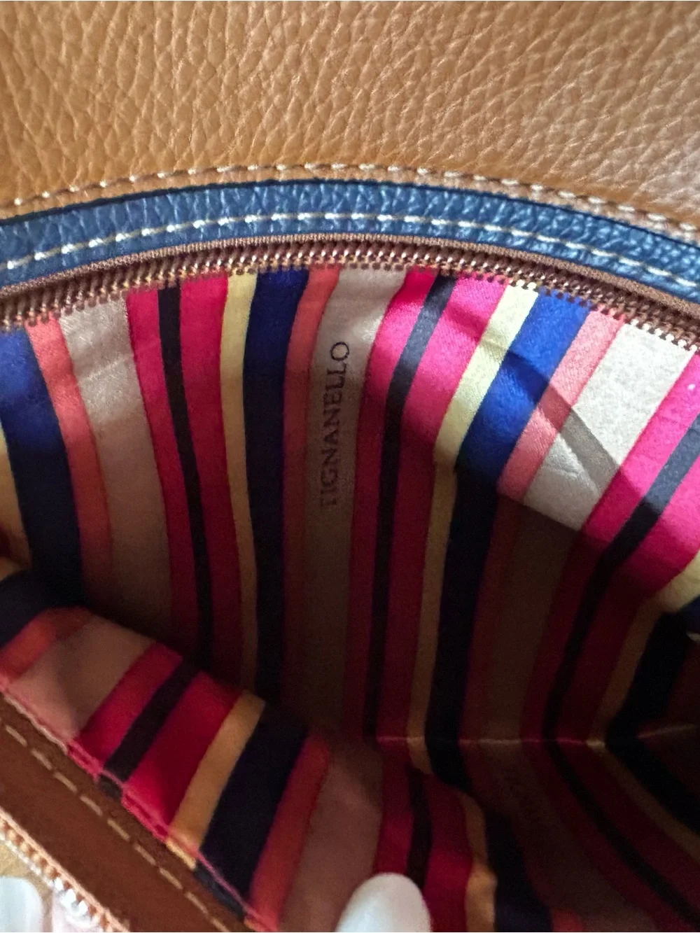Tignanello Navy & Cognac Satchel Crossbody Bag Colorblock Faux Pebbled Leather